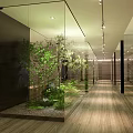 Indoor Landscape Design With Glass Partitions Lush Green Plants And Wooden Flooring