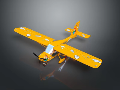 Space Themed Yellow Toy Airplane with Cloud Patterns on Wings and Cartoon Character 3d model