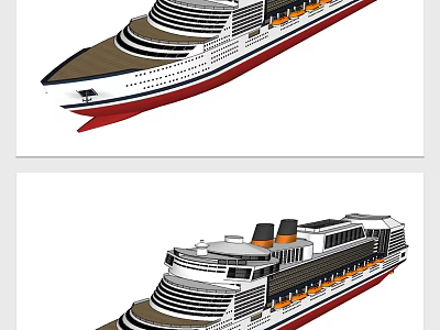 Cruise Ship Exterior Design With Red Hull Multiple Decks And Smokestacks 3d model