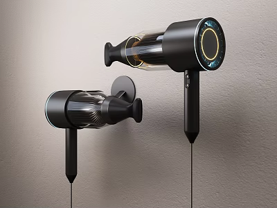 Modern Black Hair Dryers Wall Mounted And Handheld Design With Transparent Parts And Ring Light 3d model