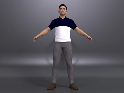 Man in blue white polo shirt gray pants brown shoes with arms outstretched gray background 3d model