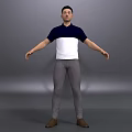 Man in blue white polo shirt gray pants brown shoes with arms outstretched gray background 3d model