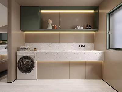 Bathroom Interior With Washing Machine White Speckled Countertop Green Upper Cabinets LED Lighting Light Colored Flooring 3d model