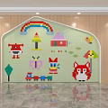 Kids Room Cartoon Wall With Wooden Frame Colorful House Animal Rainbow Flower Designs 3d model