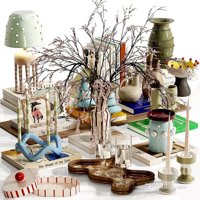 Stylish Decorative Ornament Set With Branches Vases Books Sculptures And Lamp Tabletop 3d model 