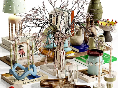 Stylish Decorative Ornament Set With Branches Vases Books Sculptures And Lamp Tabletop 3d model