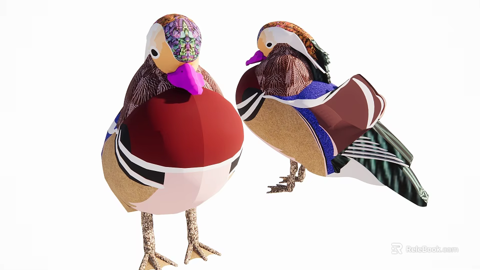 Vibrant Mandarin Ducks With Colorful Feathers Intricate Head Patterns And Pink Beaks 3d model 