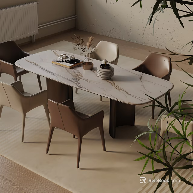 Modern Elegant Dining Table Set With Marble Tabletop Brown Beige Chairs And Decorative Plants 3d model 