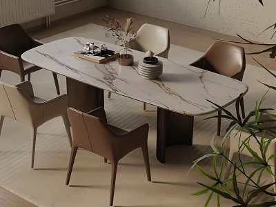 Modern Elegant Dining Table Set With Marble Tabletop Brown Beige Chairs And Decorative Plants 3d model