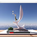 White Sculpture With Golden Figure On Wooden Platform By Blue Sky And Sea View