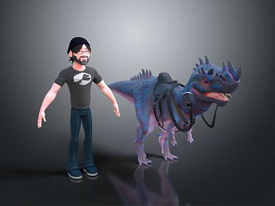 Male Character In Black T-Shirt Jeans Standing With Spiked Horned Purple Dinosaur And Saddle 3d model