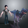 Male Character In Black T-Shirt Jeans Standing With Spiked Horned Purple Dinosaur And Saddle