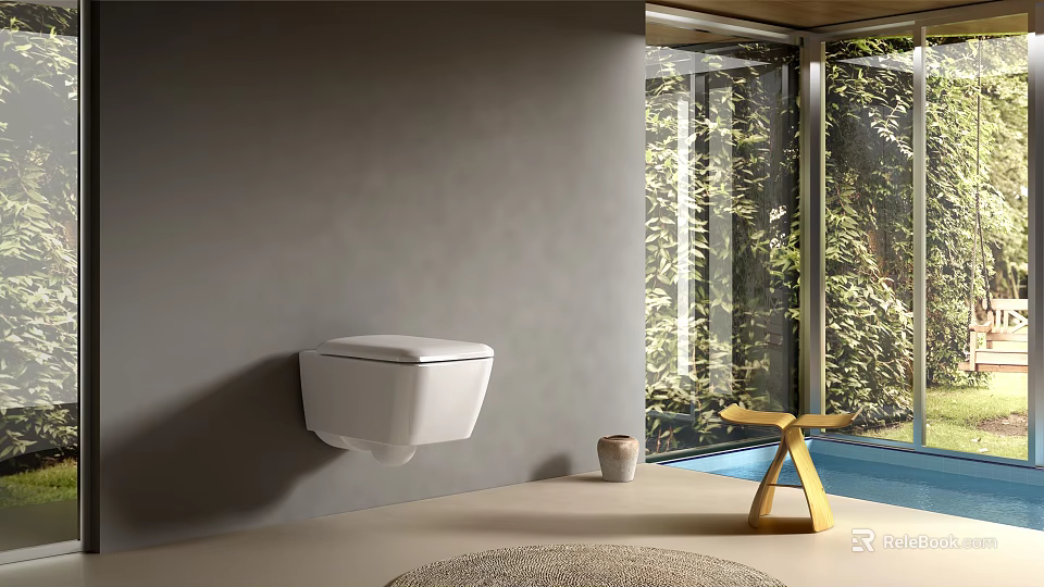 Wall Mounted White Toilet in Modern Bathroom with Green Plants View and Minimalist Design 3d model 