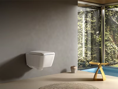 Wall Mounted White Toilet in Modern Bathroom with Green Plants View and Minimalist Design 3d model