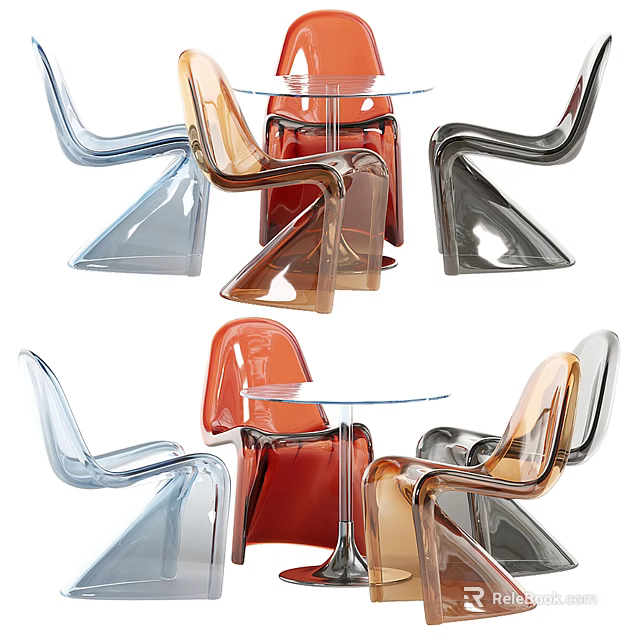 Modern Colorful Dining Table Set with Transparent Acrylic Chairs and Round Top 3d model 