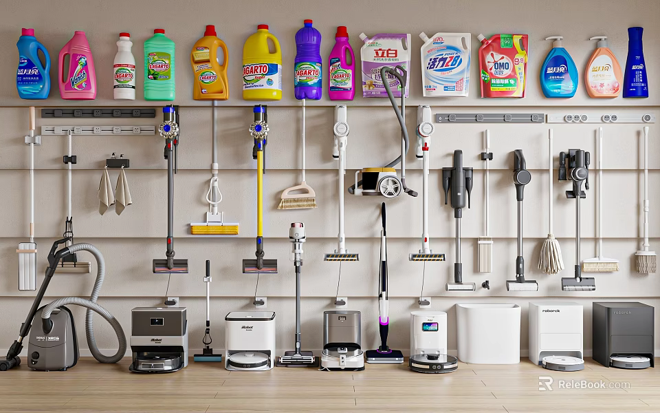 Household Cleaning Products and Tools Organized on Wall and Floor 3d model 