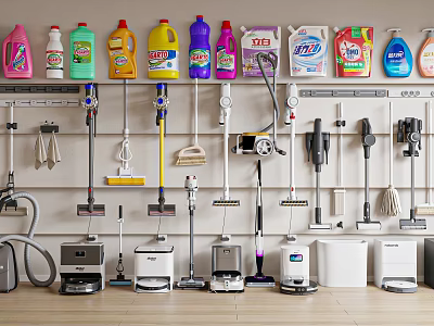 Household Cleaning Products and Tools Organized on Wall and Floor 3d model