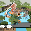 Fun Children's Play Area With Slide Water Pool Dome Structure And Green Plants
