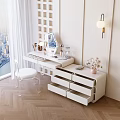 Modern Minimalist White Dressing Table with Mirror Drawers Chair and Flower Vase Decor