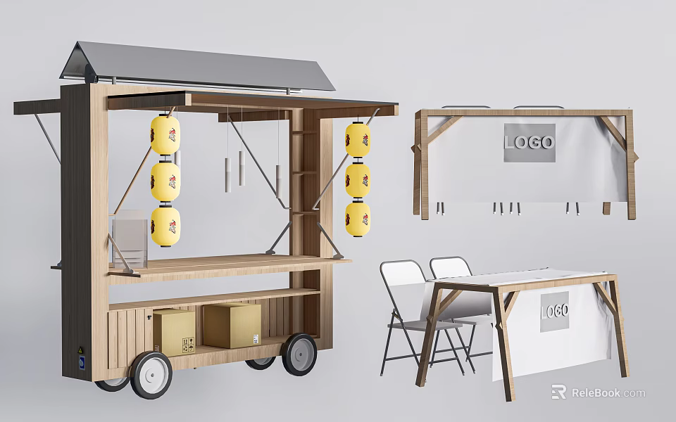 Wooden Functional Cart With Yellow Lanterns Wheels And Foldable Table Chairs 3d model 