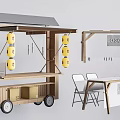 Wooden Functional Cart With Yellow Lanterns Wheels And Foldable Table Chairs