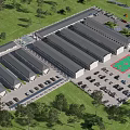 Landscaped Business Park With Parking Lot Greenery Multiple Buildings And Entrance Vehicles