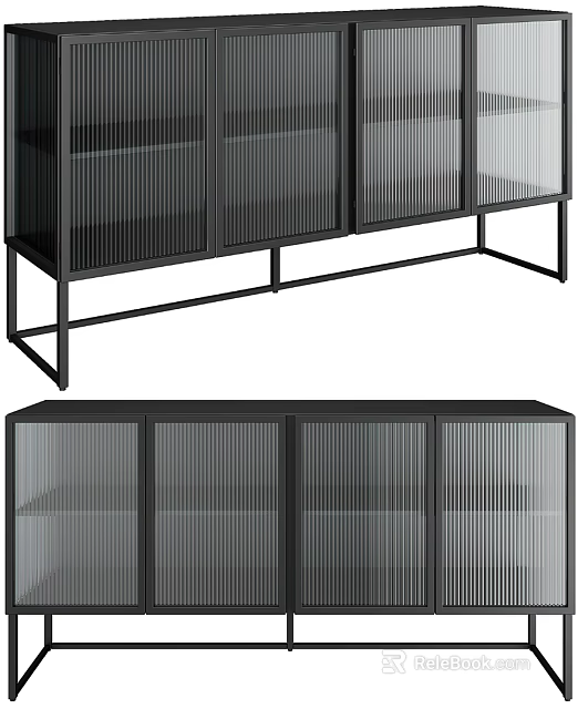 Sleek Modern Black Sideboard With Glass Panel Doors And Metal Frame Storage Design 3d model 