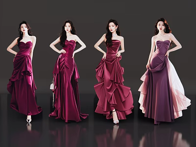 Women Standing In Elegant Strapless Maroon Gradient Evening Dresses With Ruffled Designs 3d model