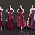 Women Standing In Elegant Strapless Maroon Gradient Evening Dresses With Ruffled Designs