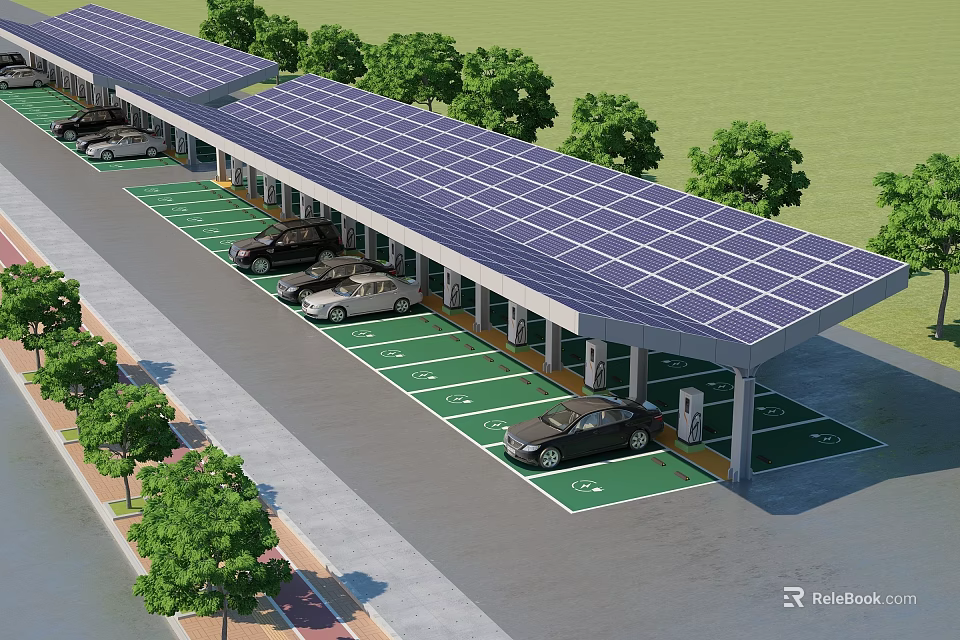 Solar Powered Parking Lot With Charging Stations For Electric Vehicles And Trees 3d model 