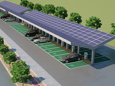 Solar Powered Parking Lot With Charging Stations For Electric Vehicles And Trees 3d model
