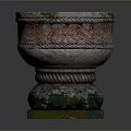 Decorative Stone Pedestal With Moss Covered Round Top Spiral Red Orange Patterns And Square Base