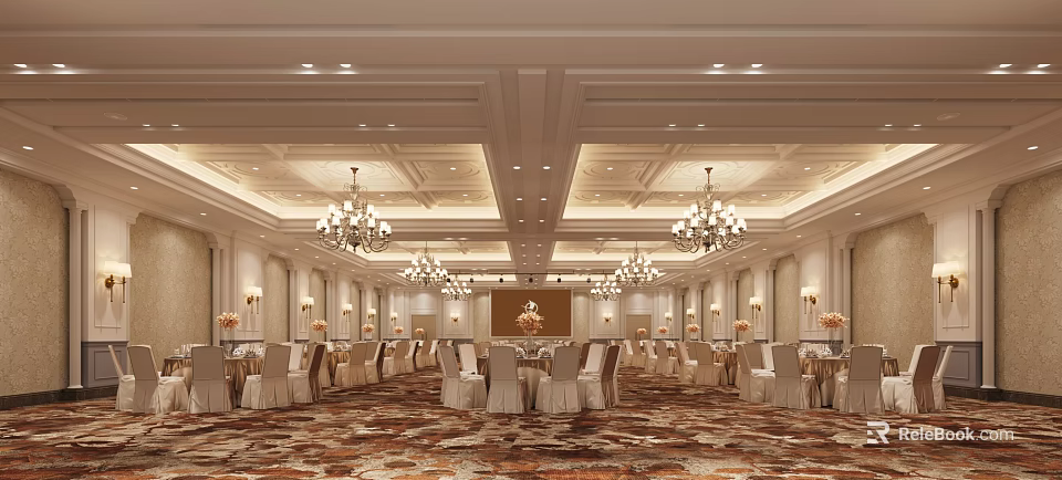 Elegant Banquet Hall Interior With Crystal Chandeliers Dining Tables And Patterned Carpet 3d model 