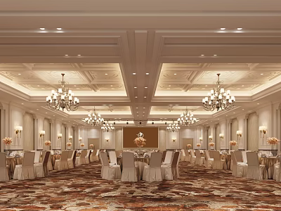 Elegant Banquet Hall Interior With Crystal Chandeliers Dining Tables And Patterned Carpet 3d model