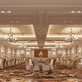 Elegant Banquet Hall Interior With Crystal Chandeliers Dining Tables And Patterned Carpet 3d model