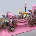 Pink Themed Decorative Scene With Bench Phone Booth Colorful Flowers And Green Plants