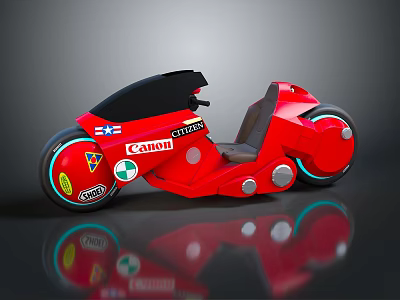 Red Streamlined Motorcycle With Canon And Coca-Cola Logos On Reflective Surface 3d model