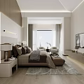 Modern Bedroom Interior With Wooden Wall Bed Bench Area Rug And Pillows