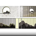 Modern Landscape Feature Wall Design With Mountain Patterns Circular Motifs And Golden Lines 3d model