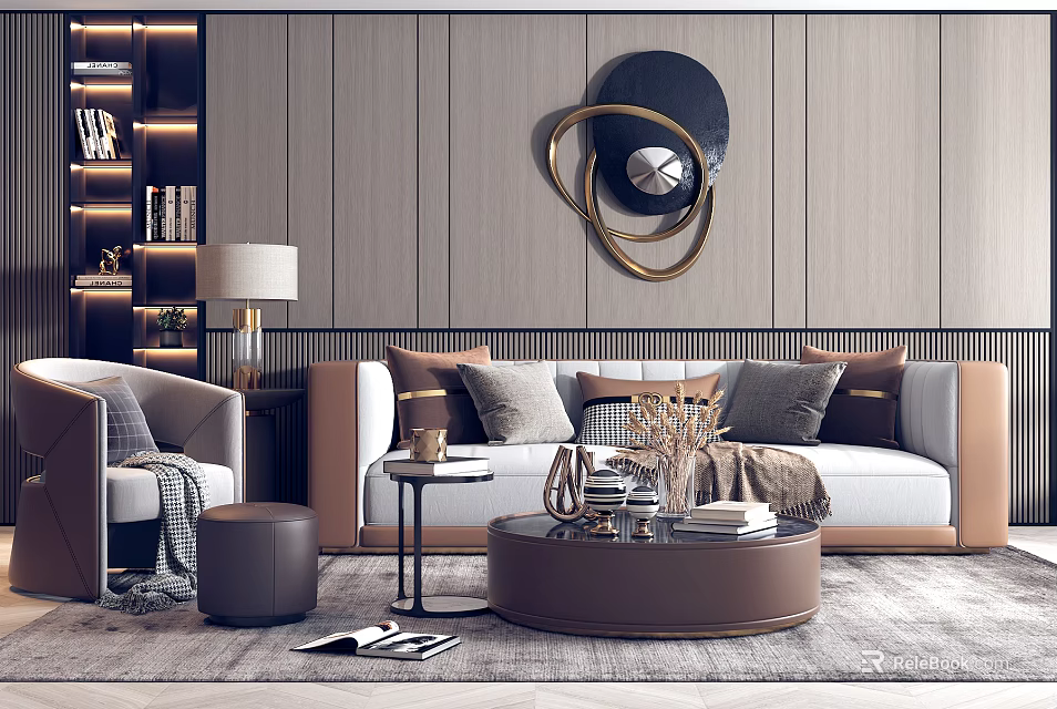 Elegant Modern Sofa and Coffee Table Set With Multiple Pillows Round Table and Decorative Items 3d model