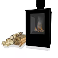 Modern Black Fireplace With Glass Front Burning Flames And Firewood Stack 3d model