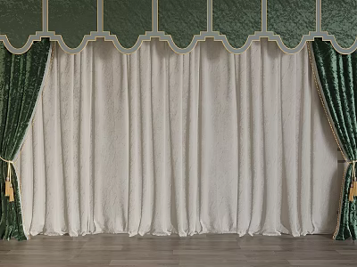 Elegant Green And White Curtains With Scalloped Valance Pleated Design Tassel Ties And Wooden Floor 3d model