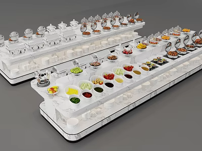 Buffet Dining Table With Various Condiments And Colorful Side Dishes On White Countertops 3d model