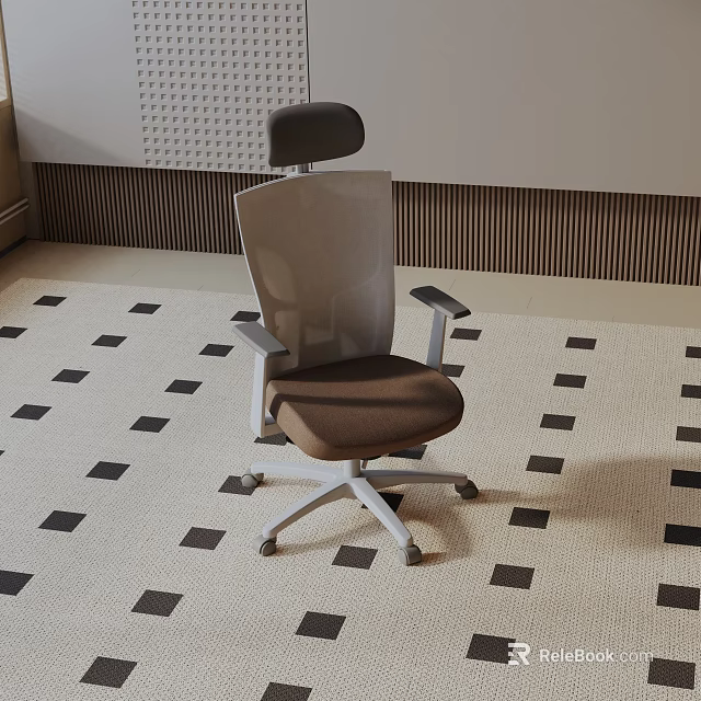 Modern Leisure Chair With Mesh Back Brown Cushion Armrests And Wheels On Patterned Carpet 3d model 