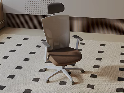 Modern Leisure Chair With Mesh Back Brown Cushion Armrests And Wheels On Patterned Carpet 3d model