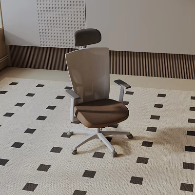 Modern Leisure Chair With Mesh Back Brown Cushion Armrests And Wheels On Patterned Carpet 3d model
