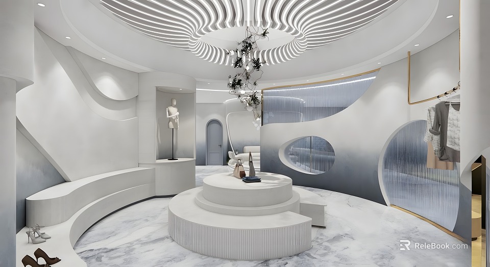 Modern Luxury Boutique Interior With Circular Display Platform Mannequin And Chandelier 3d model 