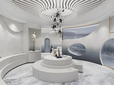 Modern Luxury Boutique Interior With Circular Display Platform Mannequin And Chandelier 3d model
