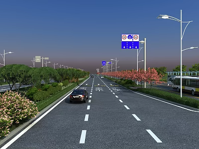 Municipal Road With Vehicles Driving Street Lamps Traffic Signs Green Belts Trees And Pink Flowers 3d model