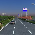 Municipal Road With Vehicles Driving Street Lamps Traffic Signs Green Belts Trees And Pink Flowers